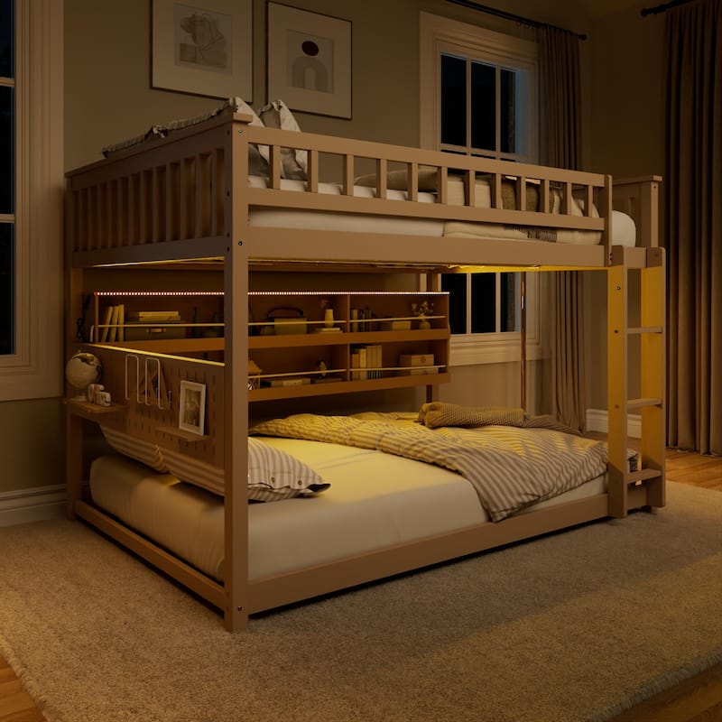 Full XL over Queen/Full over Full Bunk Bed with Integrated Shelving, Color-Changing Lights & Pegboard
