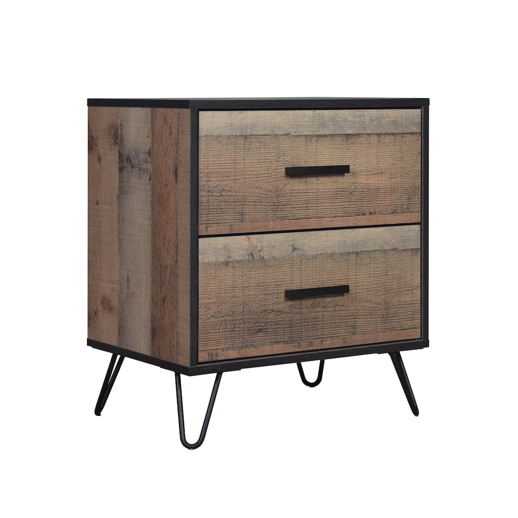 Lala 25 Inch Nightstand, 2 Drawers, Black Handles, Rustic Brown Wood Finish