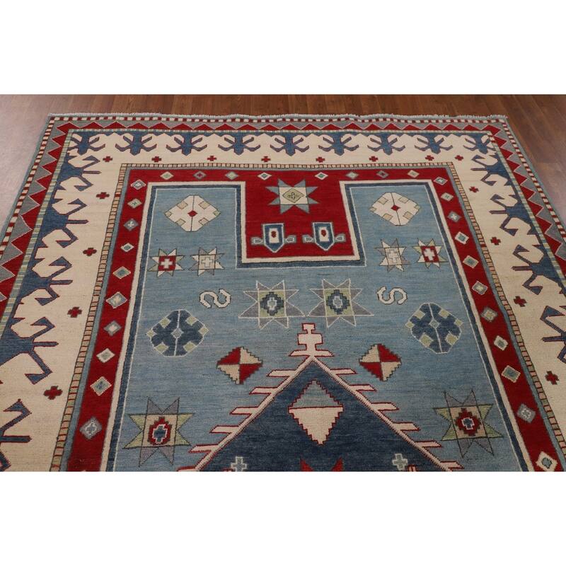 Light Blue Geometric Kazak Area Rug Living Room Handmade Wool Carpet - 6'4" x 9'10"
