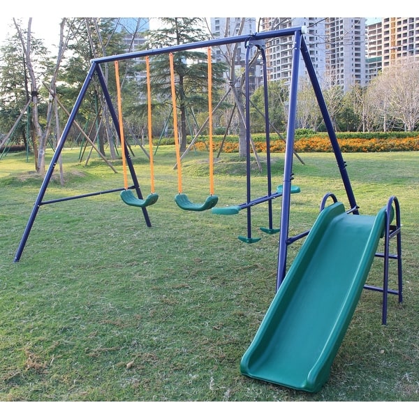 slide 2 of 7, Roomfitters A-Frame Metal Swing Set with Slide for Backyard Play, Durable Outdoor Fun for Kids, Blue Blue