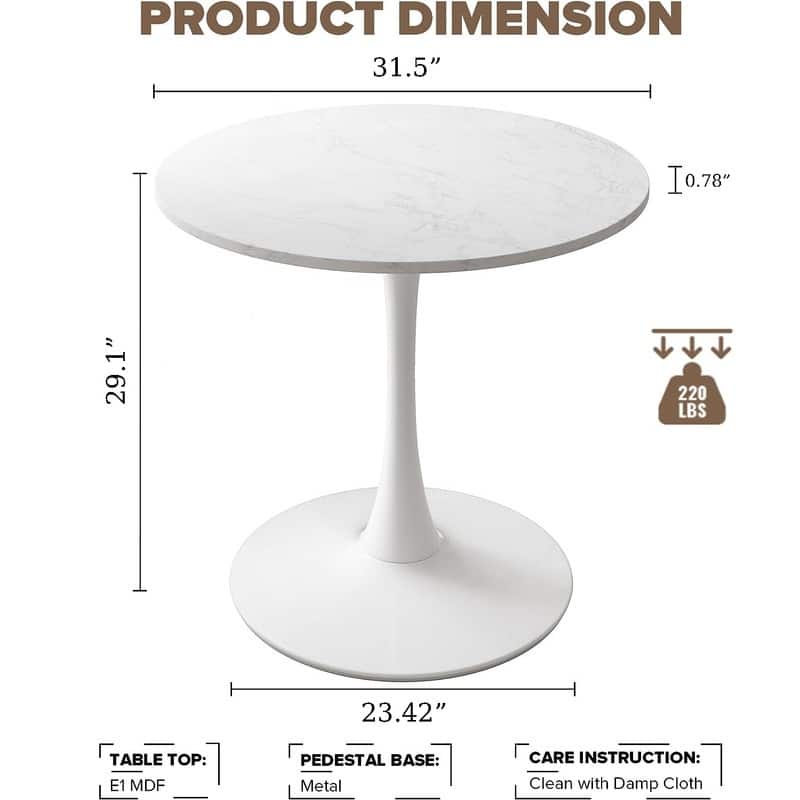 Grondin Mid-Century Modern Round Kitchen or Dining Table with Premium MDF Top and Steel Pedestal Base for Dining Room