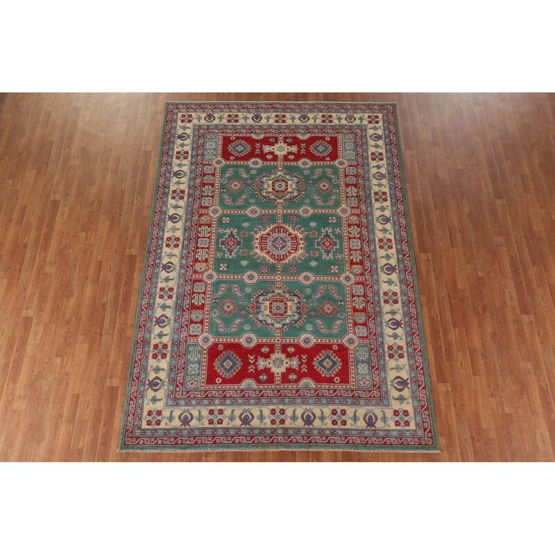Hand Knotted Oriental 100% Wool Carpet Traditional Geometric Green Kazak Area Rug - 9' 9'' X 6' 7''