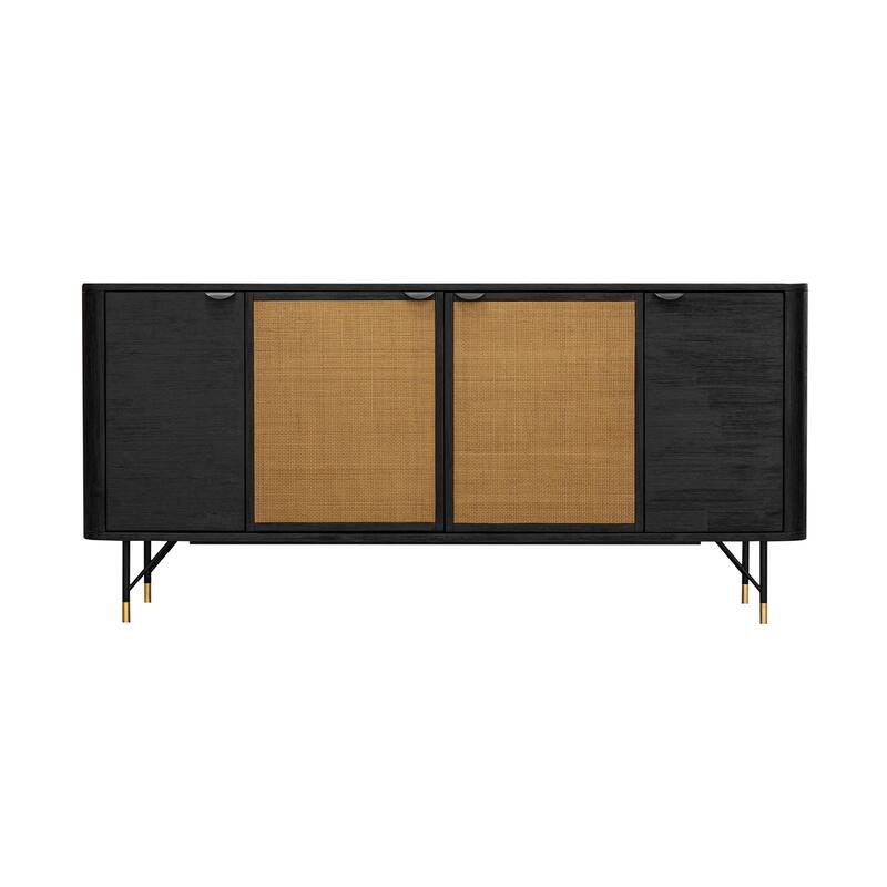 Saratoga 67" Black Solid Acacia Wood and Rattan 4 Door Sideboard Buffet Cabinet