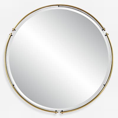 Round Double Outer Band Framed Iron Wall Mirror - 38.25" - Antique Brass