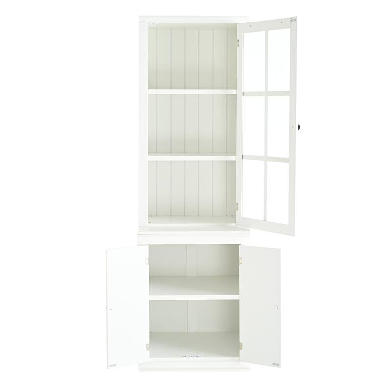 Roomfitters 75.25'' Tall Pantry Cabinet with Glass Door, Farmhouse Hutch Display Cabinet with Storage for Kitchen, White