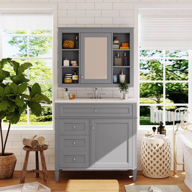 36'' Bathroom Vanity Set with Mirror Cabinet, Modern Bathroom Storage Cabinet with 2 Soft Closing Doors and 4 Drawers