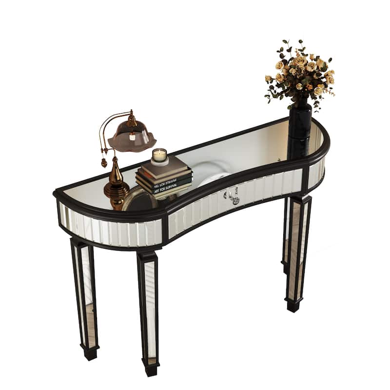 GDFStudio - 47" Half-Moon Mirrored Console Table with Fluted Glass & Crystal Knob Drawer