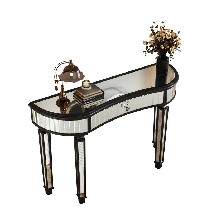 Half-Moon Mirrored Makeup Table Console Table with Fluted Glass Panels, Entryway Accent Table with Crystal Knob Drawer