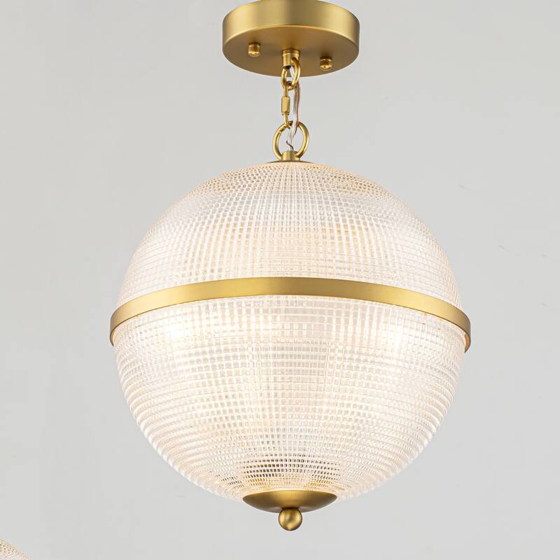 3-Light Mid-Century Modern Glam Gold Grid Glass Globe Chandelier Ceiling Light - 11.8 in. W x 13.39 in. H