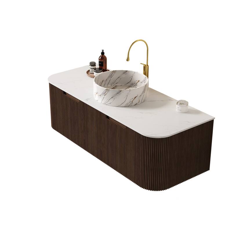 GDFStudio - Dina Modern 48" Floating Bathroom Vanity with Striped Curved Drawers & White Round Ceramic Basin, WITHOUT Faucet