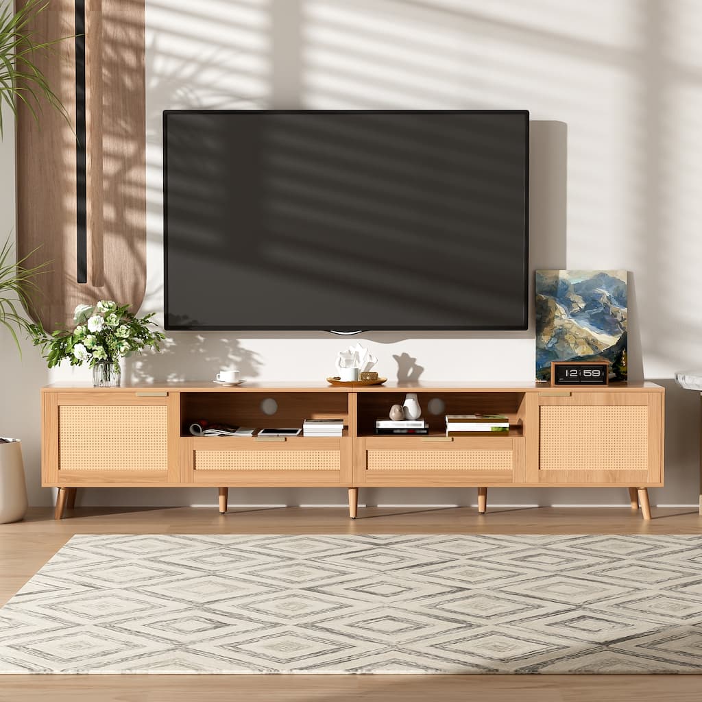 Rattan TV Stand for up to 90" TVs, Farmhouse Media Console with Solid Wood Legs