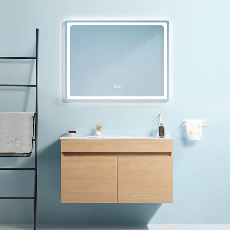 36"Wall Mounted Bathroom Vanity with White Ceramic Basin,Two Soft Close Cabinet Doors,Solid Wood,Excluding faucets