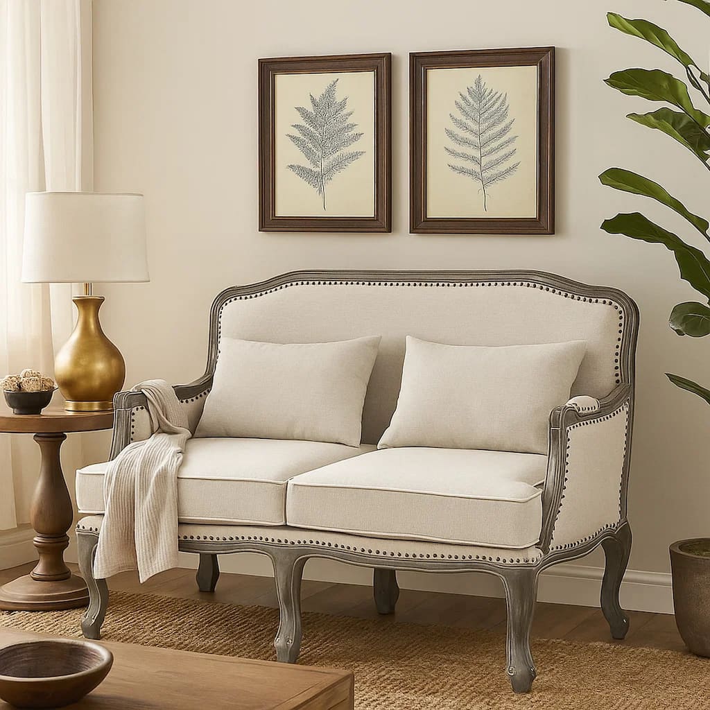 Warn 56 Inch Classic Sofa, Nailhead Trim, Box Cushion, Fabric, Cream, Brown