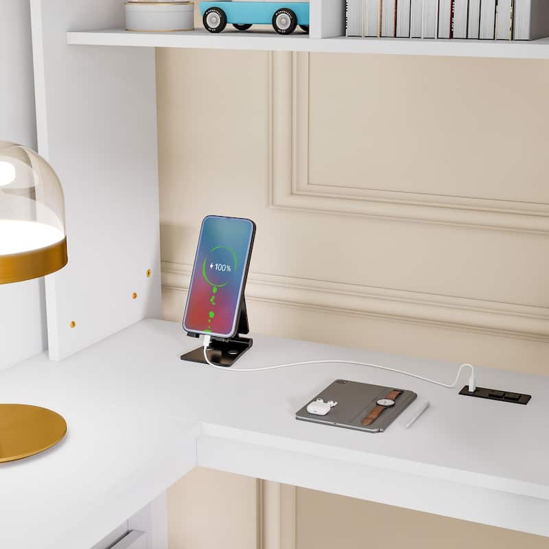 Full Size Wood Loft Bed with Desk, Wardrobe and Storage Staircase, USB Charging Station, Safety Guardrails