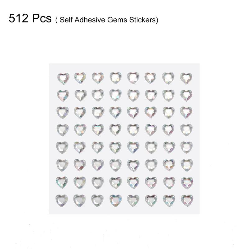 512 Pcs Heart Rhinestone 6mm Self Adhesive Gems Stickers White