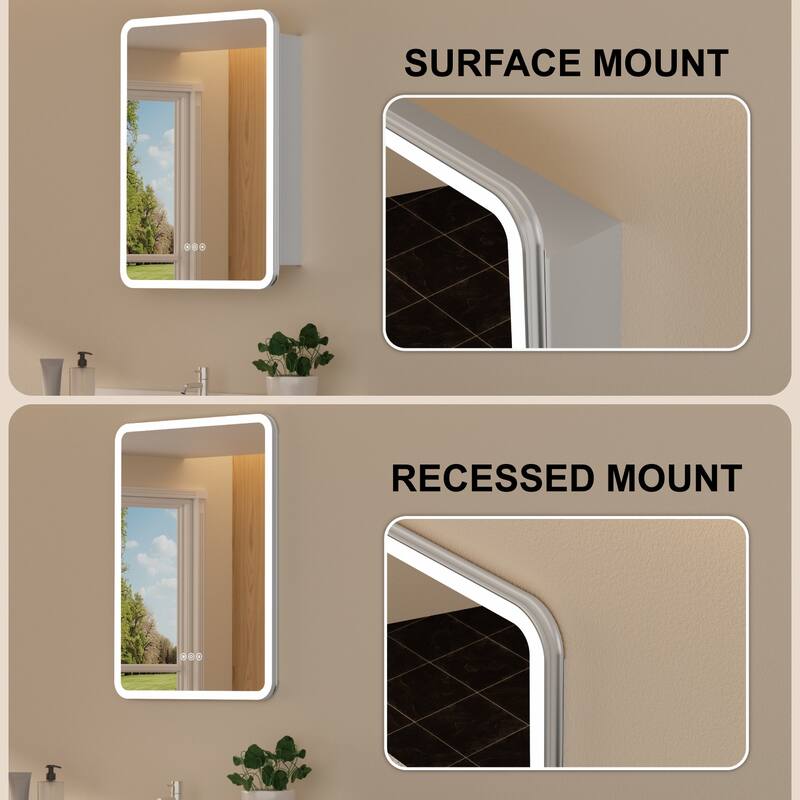Rounded Edge LED Medicine Cabinet with Mirror, Dimmable, Anti-fog, Adjustable Shelves, Recessed or Wall Mount, ETL Certified