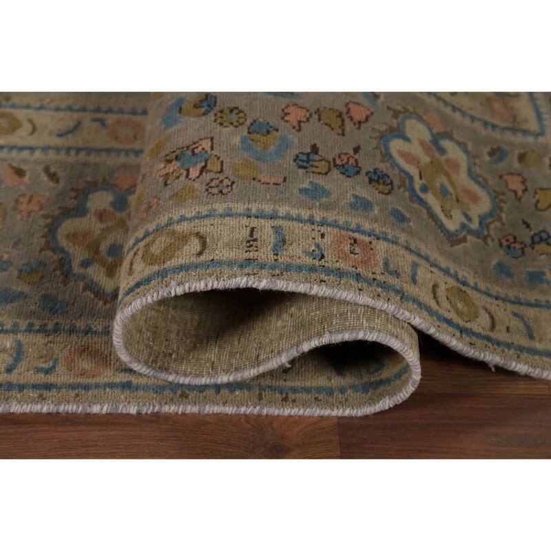 Distressed Tabriz Vintage Persian Rug Hand-Knotted Grey Wool Carpet - 9'11" x 12'10"