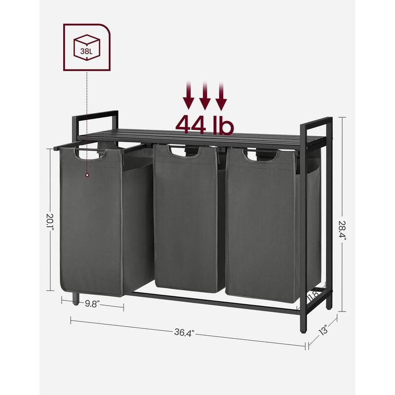 3 Compartment Laundry Sorter with Removable Waterproof Bags and Lockable Rolling Wheels - 36.4” x 13” x 28.4”