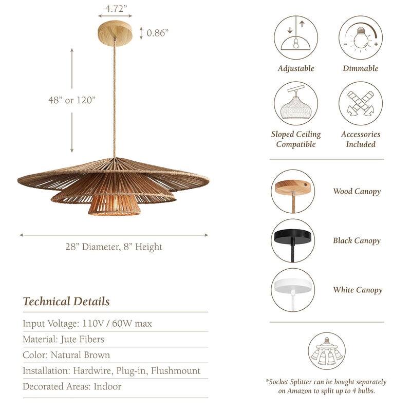 Sammie Rattan Pendant Light Natural Tiered 1-Light Handwoven Ceiling Light For Modern, Transitional, Farmhouse, Boho Room Decor