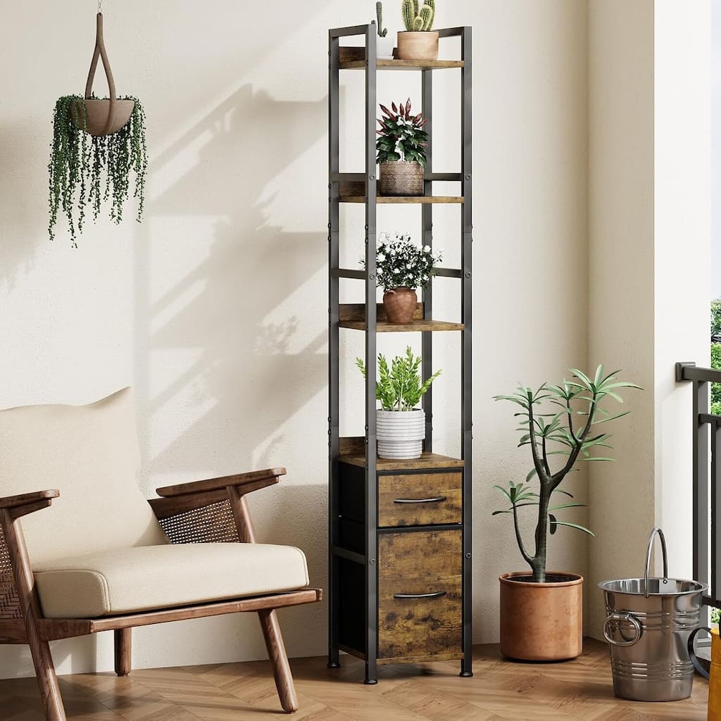 6 Tier Tall Bookshelf with Drawers, Freestanding Display Storage Shelves