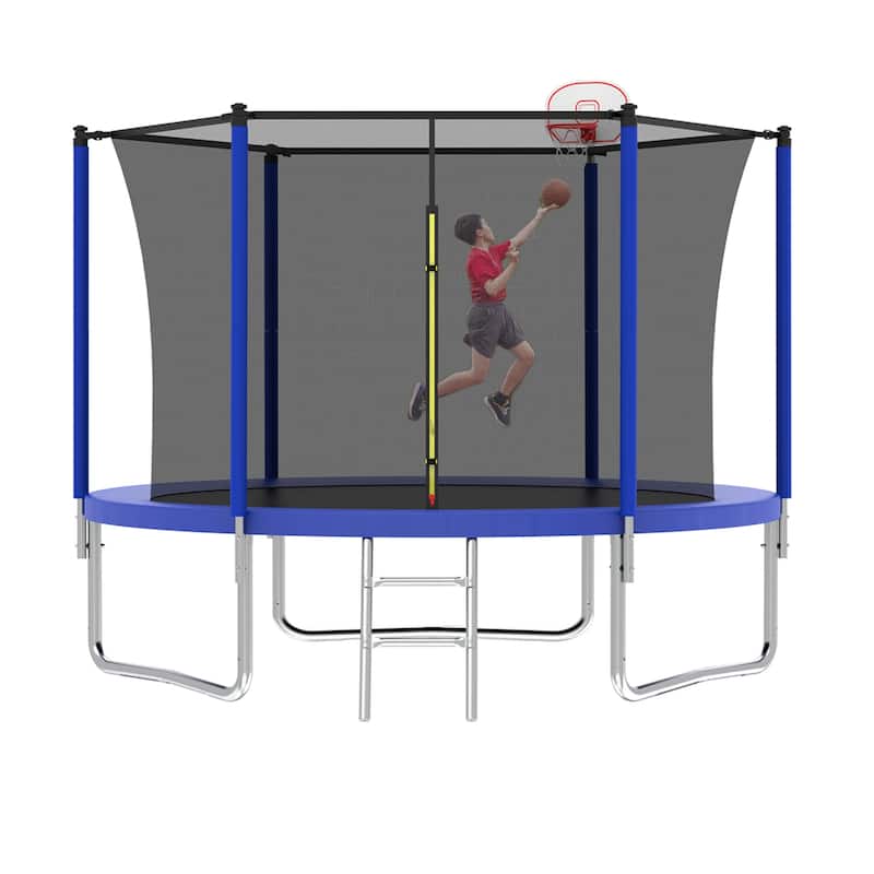 10FT Trampoline for Kids, Basketball Hoop and Ladder, Outdoor Kids Trampoline with Safety Enclosure for yard