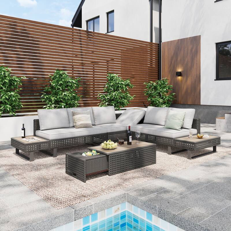 Outdoor 6-Piece Rattan Sectional Sofa Set with Adjustable Seat & Ice Bucket Table