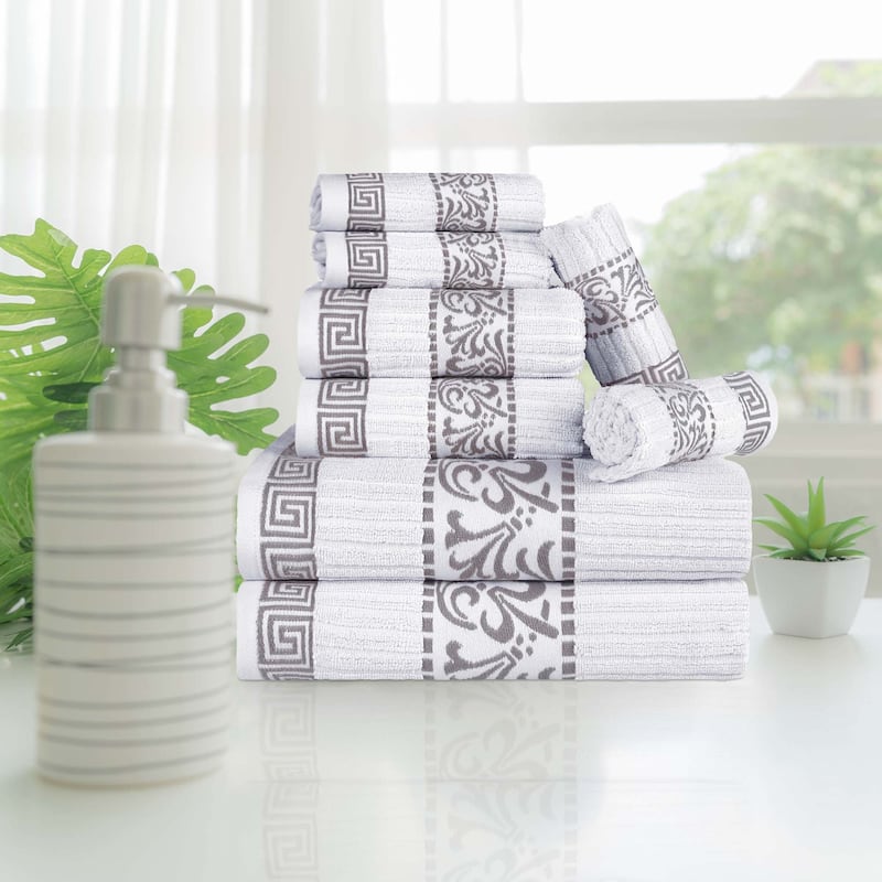 Superior Athens Cotton Floral Border Greek Key 8-Piece Towel Set - White/Chrome
