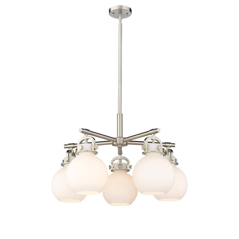 Innovations Lighting Newton Sphere - 5 Light 7" Stem Hung Chandelier. - Satin Nickel/Matte White