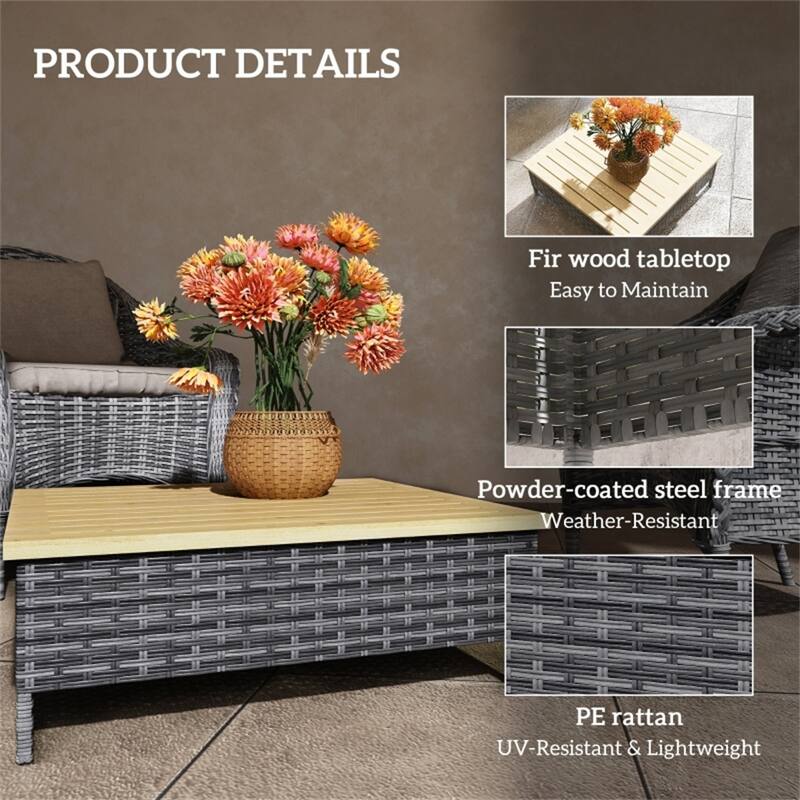 Grey Nature Wood Fir and Steel Rustic Patio End Table with PE Rattan - 27.6" L x 27.6" W x 9.8" H