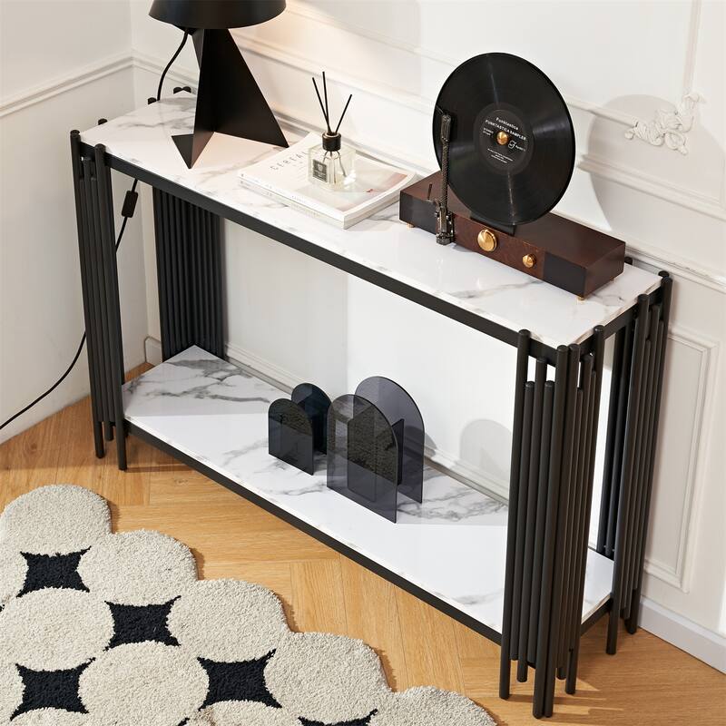 2 Tier Faux Marbling Console Table, Entryway Table w/ Adjustable Feet
