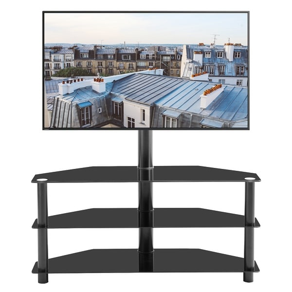 Swivel Floor TV Stand with Mount, Entertainment Center Height and Angle Adjustable with 3 Tier Sturdy Tempered Glass Base Black. Opens flyout.