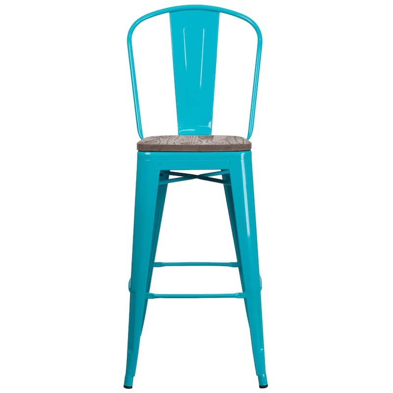 30" High Metal Barstool with Back and Wood Seat - 18"W x 19"D x 46"H - 18"W x 19"D x 46"H