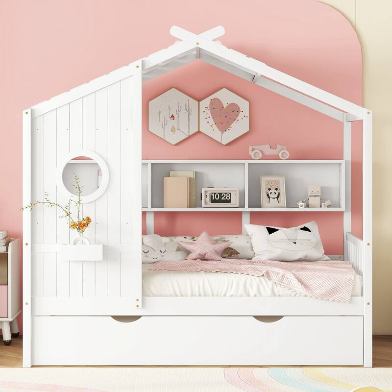 White Twin Size Wooden House Bed with Trundle and Storage Shelf