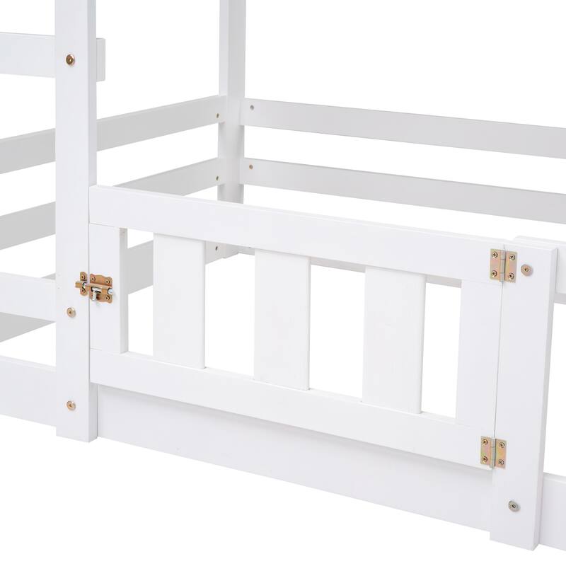 Roomfitters Twin Over Twin House Bunk Bed with Fence Guardrails and Door, White
