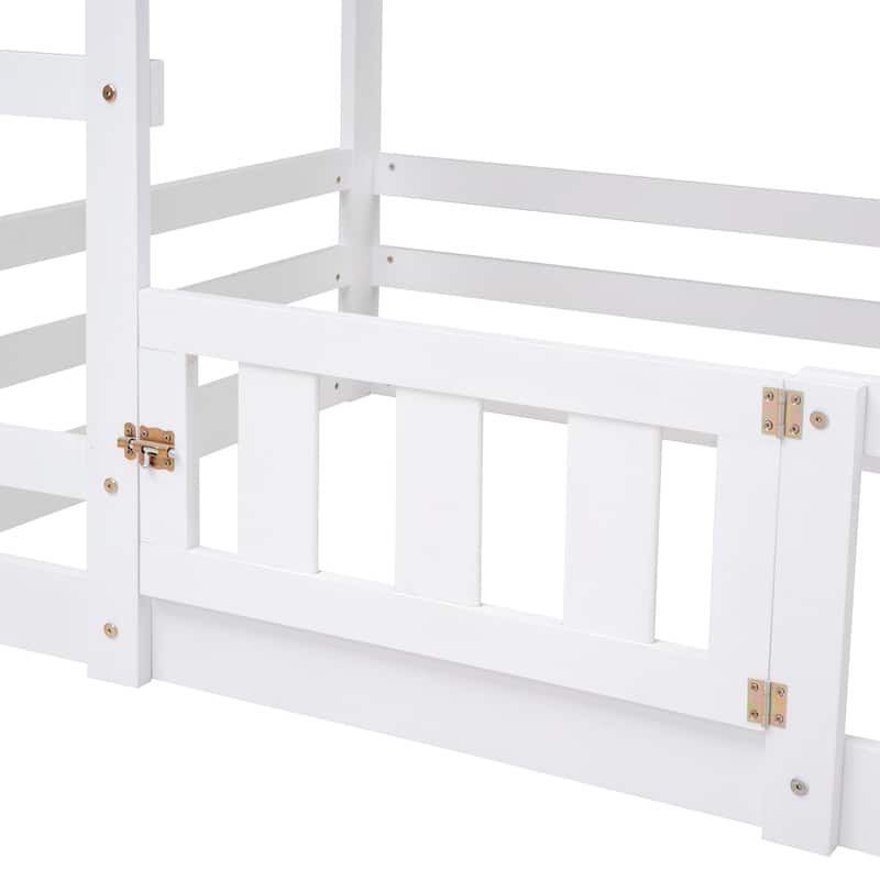 Solid Wood Twin Over Twin House Bunk Bed with Fence and Door