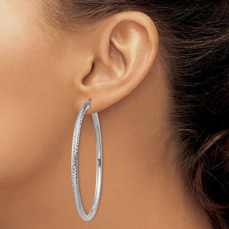Curata 14k White Gold Diamond Cut 60x3mm Round Tube Hoop Earrings