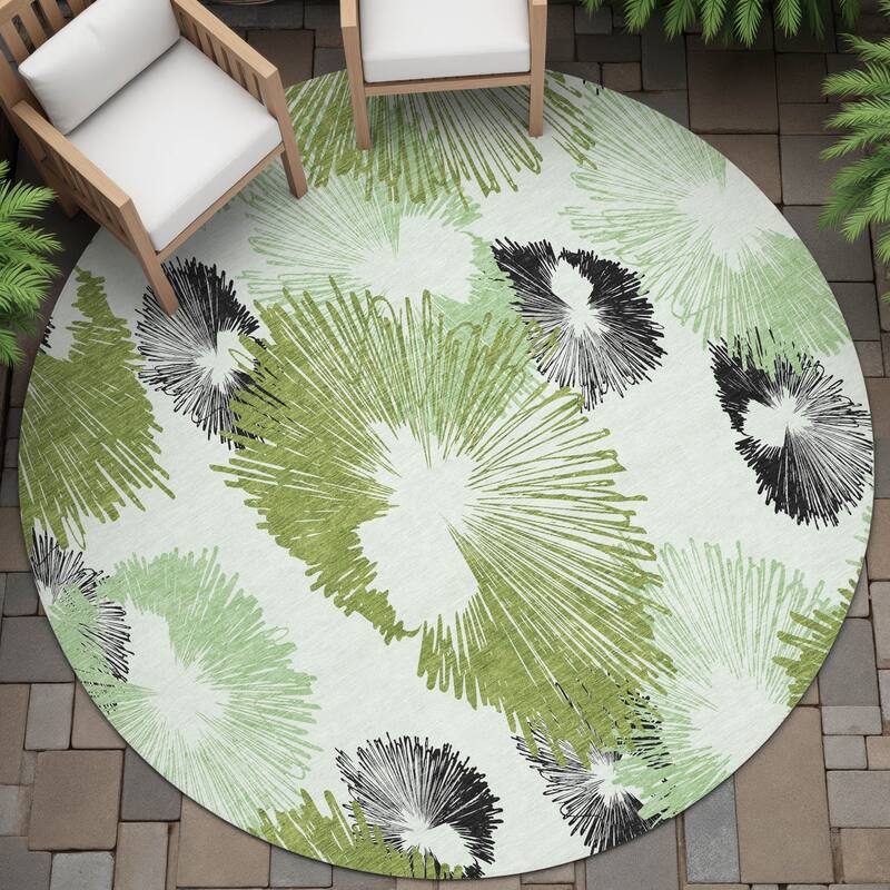 Machine Washable Indoor/Outdoor Modern Floral Chantille Rug - Olive - 8' x 8'