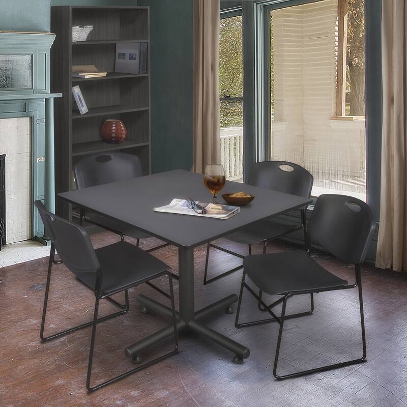 48" Square Breakroom Table- Grey & 4 Stack Chairs- Black - Grey, Black - 48