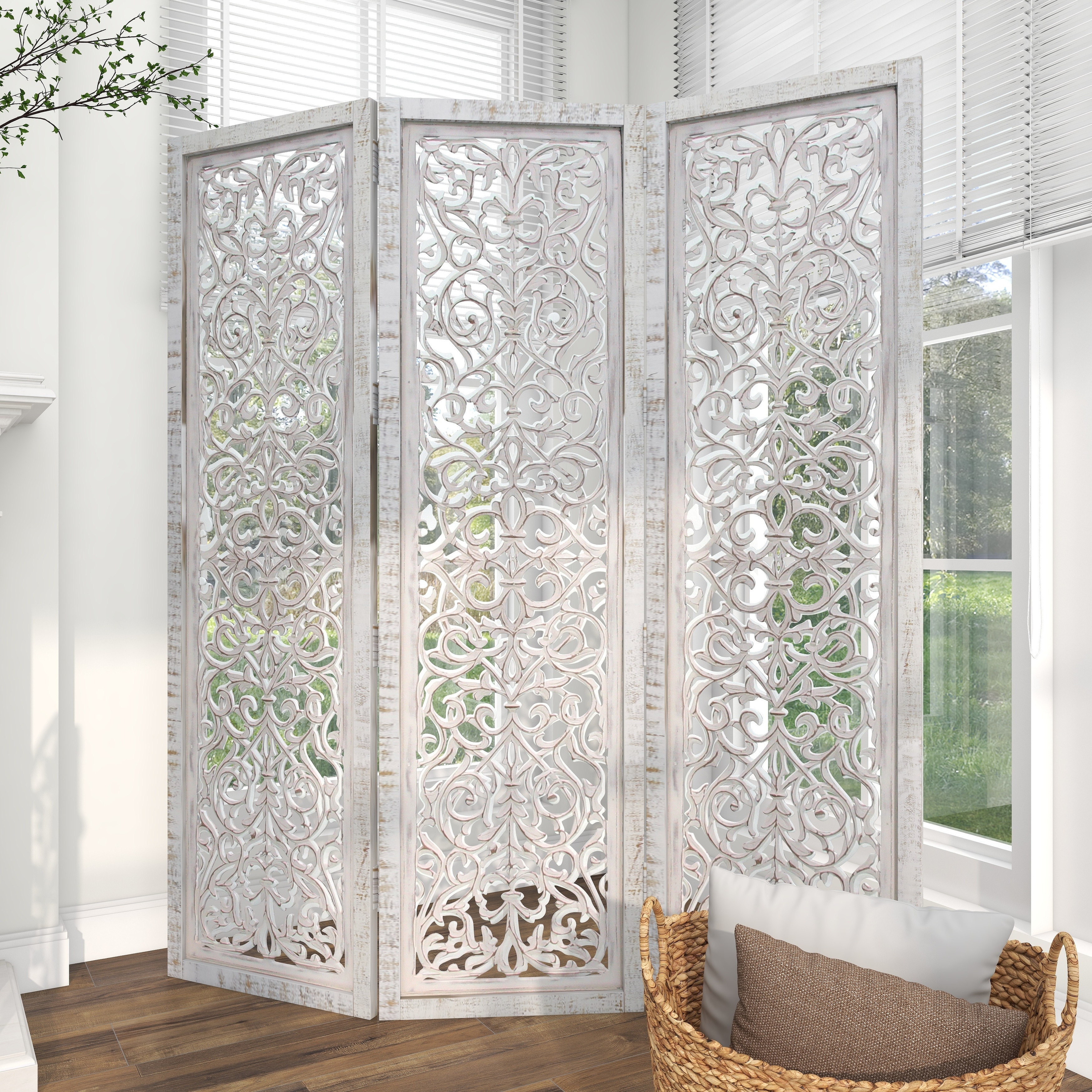 White Wooden Handmade Hinged Foldable Partition 3 Panel Floral Partition Room Divider Screen with Intricate Carved Design