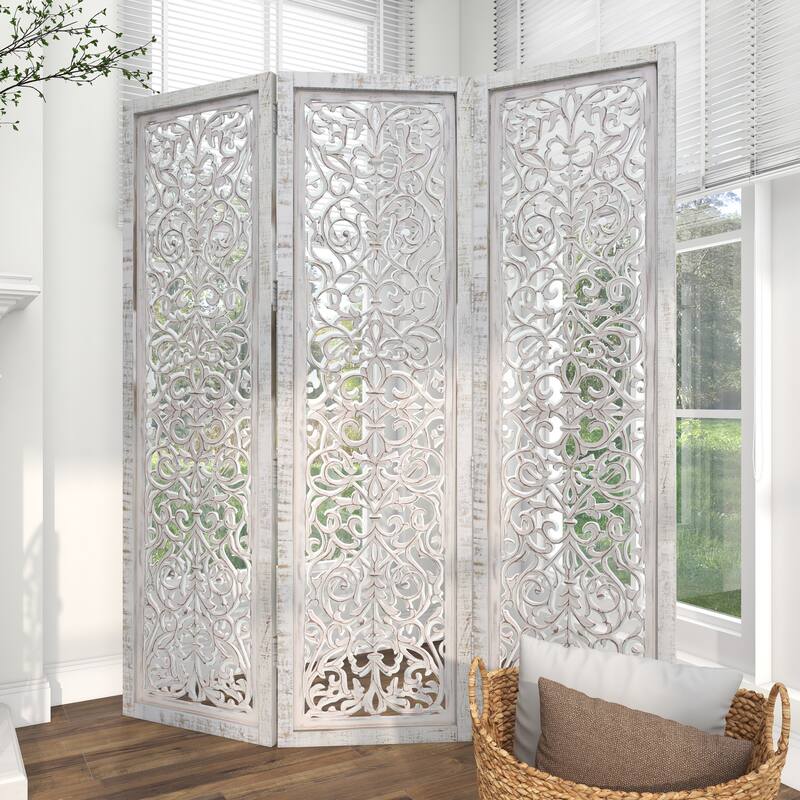 White Wooden Handmade Hinged Foldable Partition 3 Panel Floral Partition Room Divider Screen with Intricate Carved Design