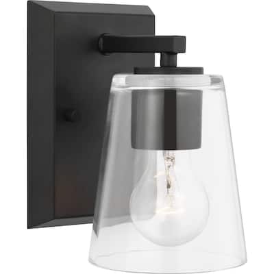 Vertex Collection One-Light Matte Black Clear Glass Contemporary Bath Light - 4.75 in x 6.25 in x 7.5 in