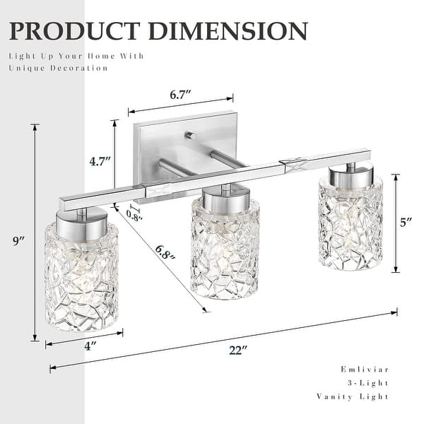 dimension image slide 2 of 6, 3-Light Vanity Light with Clear Geometric Glass