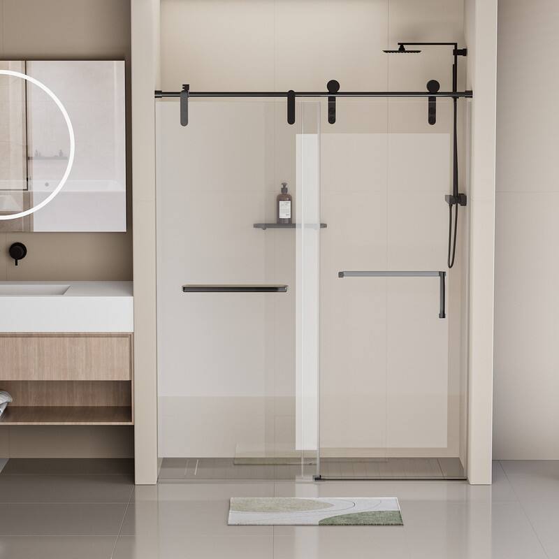 ABRUZZO 56-60" W x 76" H Single Sliding Frameless Shower Door with 5/16" (8mm) Tempered Glass & Dual Towel Bars