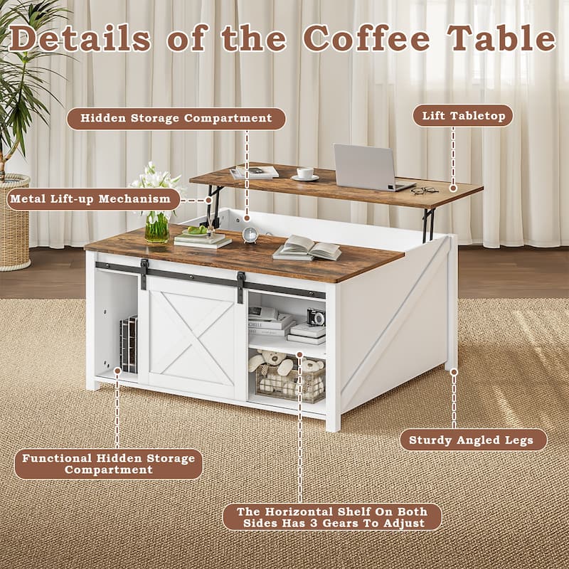 BOSSIN 31.5" Square Farmhouse Lift-Top Coffee Table - Wooden Living Room Center Table with Hidden Storage