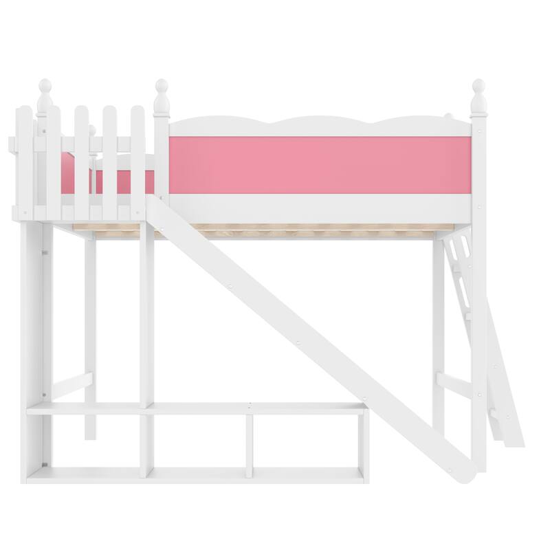 Modern High Loft Beds with Full Length Guardrails, Solid Wood Storage Loft Bed Frame with Detachable Slide and Ladders