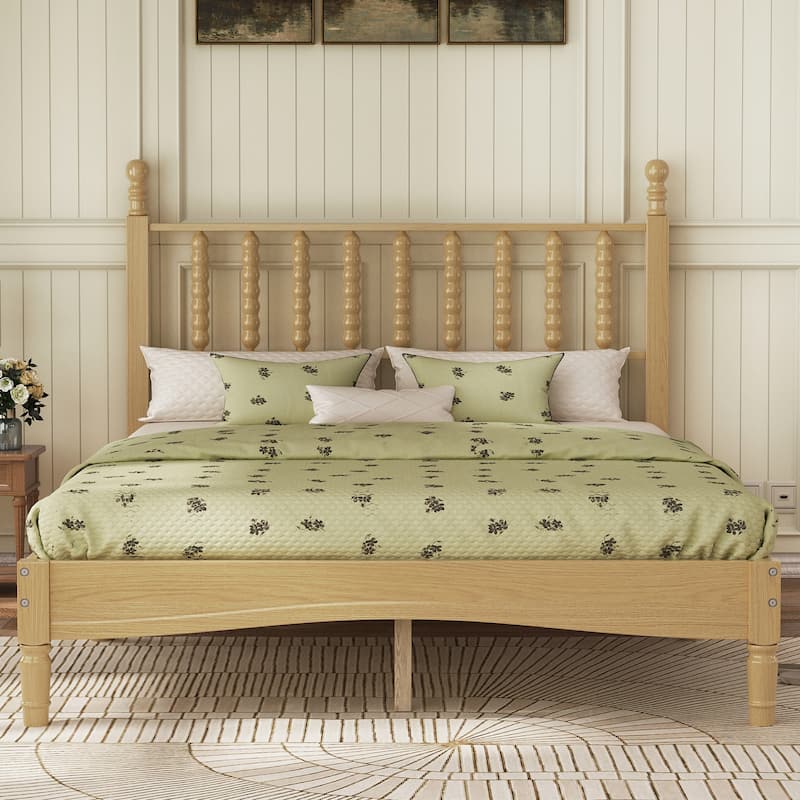 Walnut Platform Bed Mid Century Concise Bed Frame with Wood Slats and Multi-Center Support Legs, Gourd Shaped Headboard - Natural - Full