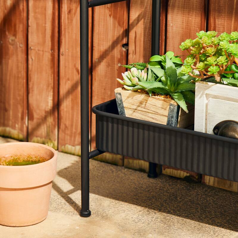 Glitzhome 68"H Multifunctional Metal Plant Stands Black Planter Storage Flower Pot Shelf with Anti-slip Pads