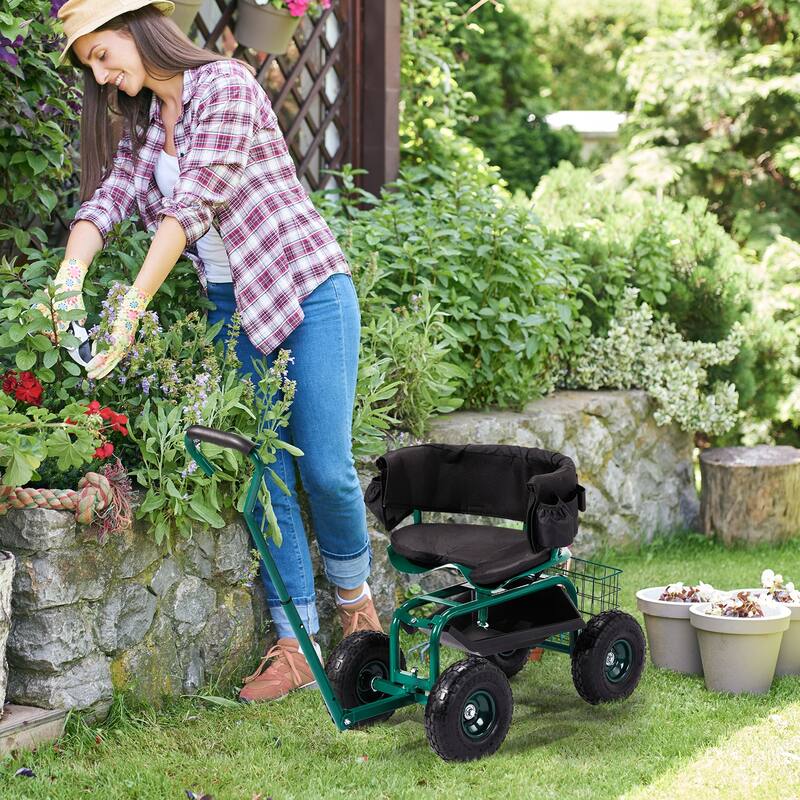 Rolling Garden Cart with Cushioned Backrest & Seat, Outdoor Gardening Stool for Planting, Garden Scooter - 35 x 29.1 x 23.6