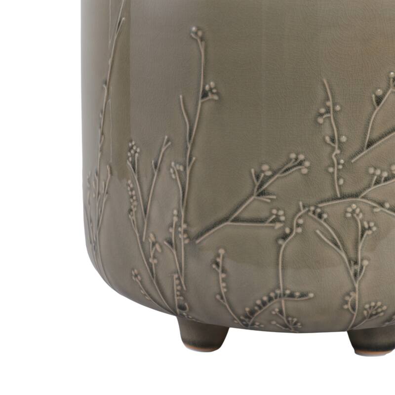 Ceramic Stoneware Planter with Raised Botanical Texture Footed Base