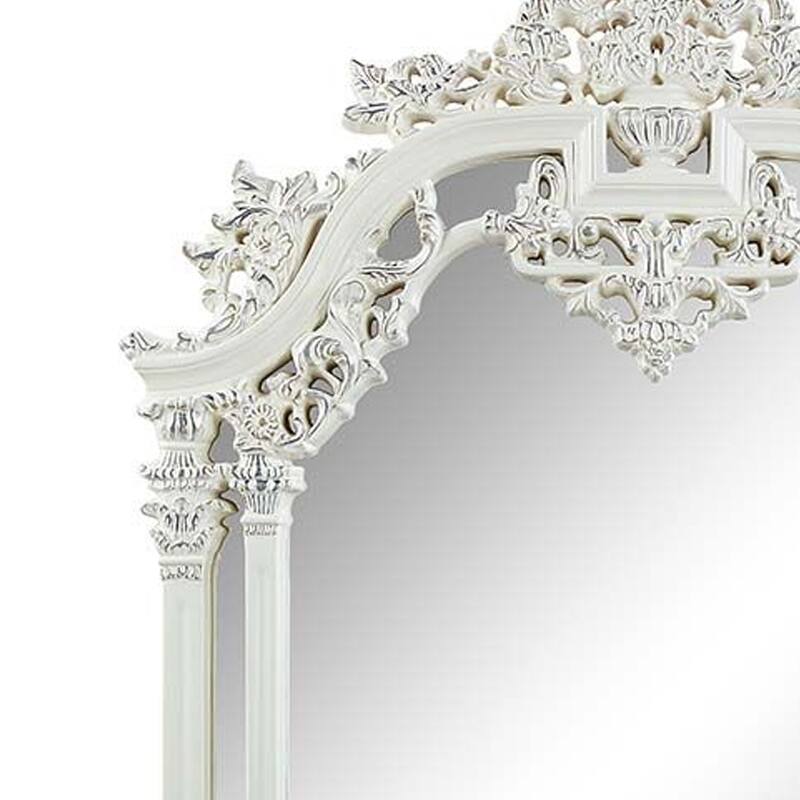 Kin 59 Inch Wood Mirror, Scrolled Ornate Carvings, Silver Trim, White